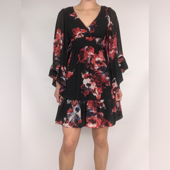 NWT Y2k Betsey Johnson Bell Sleeve V Neck Floral Mini Dress Size 2 Black Pink‎ - Picture 1 of 8